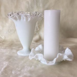 Vintage Ruffled Art Milk Glass Vase & CandleHolder